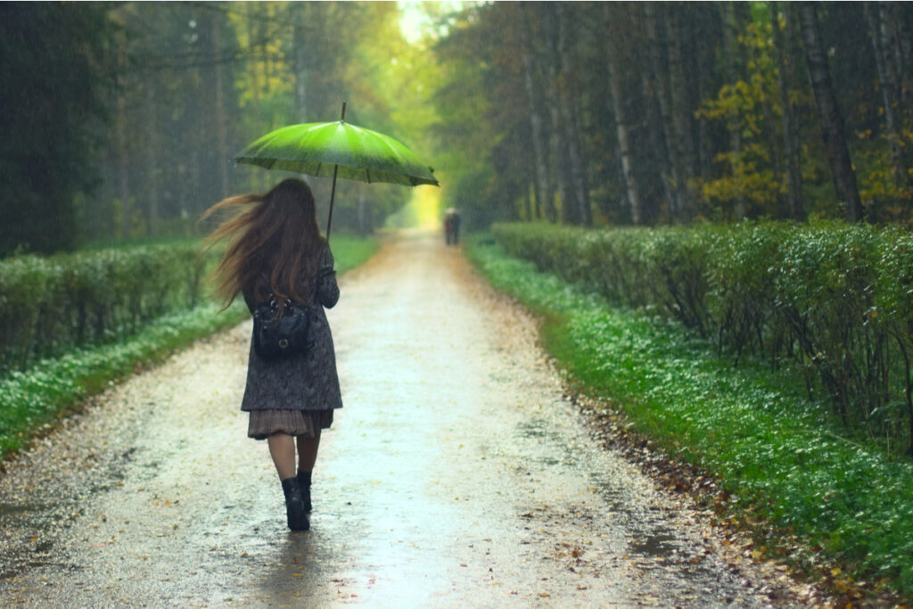 A woman with an umbrella walking in the rain